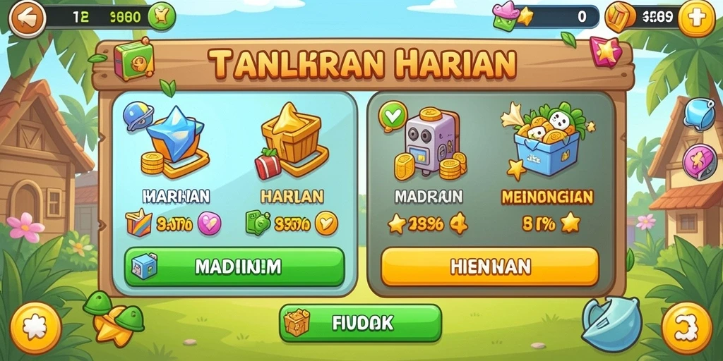 Screenshot menunjukkan suasana permainan yang penuh warna dan animasi.